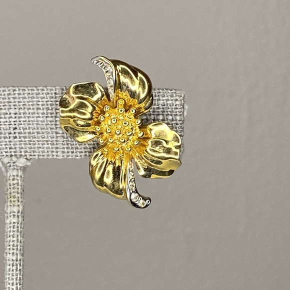 Vintage Nina Ricci Goldtone Metal Floral and Rhinestone Clip-On Earrings (30mm) - Picture 4 of 6